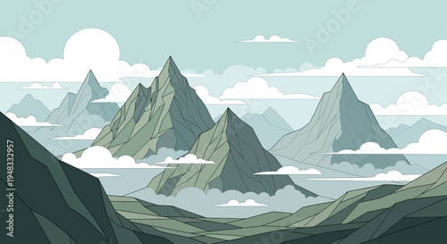 Jagged peaks pierce soft clouds in a muted, geometric mountain vista