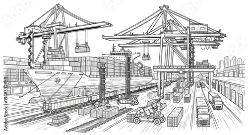 Busy Port Scene with Cranes and Shipping Containers Sketch.