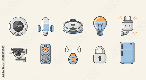 Collection of smart home devices including a thermostat, light bulb, and refrigerator