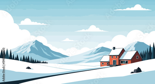 Snow-covered mountains loom over a charming red cabin nestled in a winter landscape