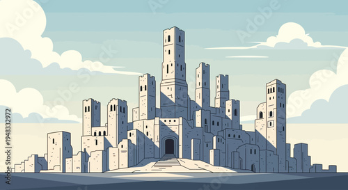 Stylized, sprawling ancient fortress with numerous towers and tiered architecture