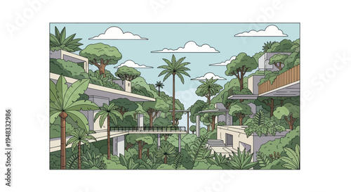 Modern structures blend with lush tropical foliage, creating a serene, elevated oasis