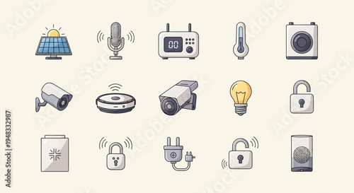 Set of icons depicting smart home devices and security features