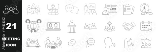 corporate meeting icon set. Symbols for meeting, seminar, online conference, schedule, teamwork, and office presentation in flat blue style.