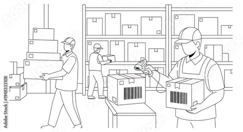 Warehouse Workers Handling Boxes in a Storage Facility.