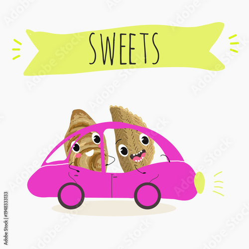 Funny Characters Shekerbura, Badambura dessert, hand drawn vector illustration.