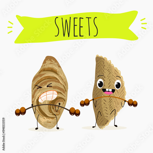 Funny Characters Shekerbura, Badambura dessert, hand drawn vector illustration.
