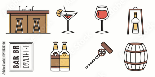 a collection of wine and bar related items Vector