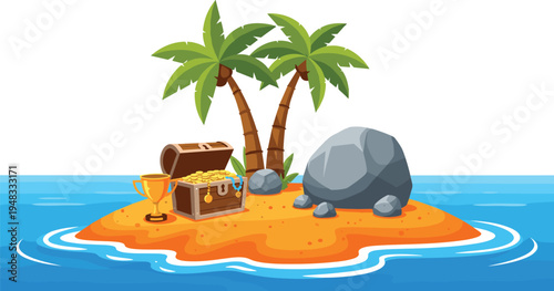 Treasure chest with gold coins trophy and palm trees on tropical island pirate adventure vector illustration