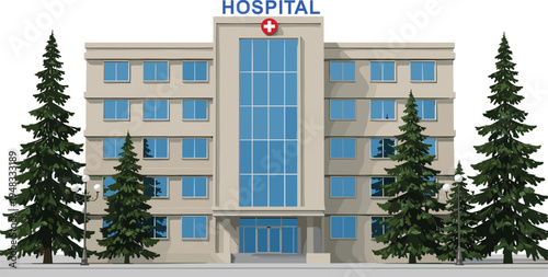 Modern hospital building exterior with medical cross sign entrance windows and trees healthcare facility vector illustration