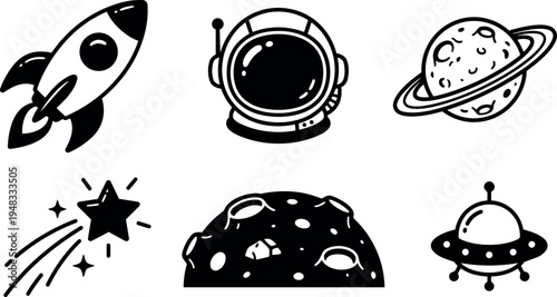 Black and white flat design space icons rocket ship astronaut helmet planet with rings shooting star cratered asteroid and flying saucer illustrations