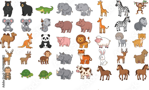 Wild and farm animals big collection including elephant giraffe zebra lion tiger panda camel horse turtle cartoon vector illustration set