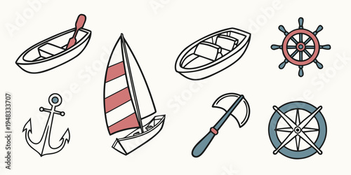 a collection of nautical icons including a sailboat anchor and ship wheel Vector