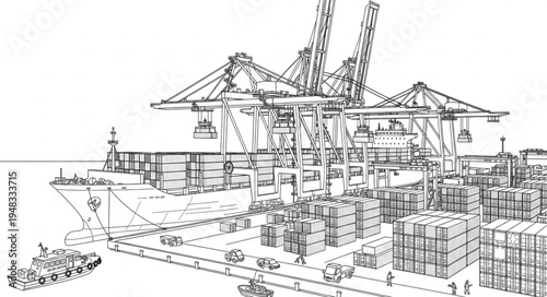 Detailed Sketch of a Busy Container Port with Cranes and Cargo.