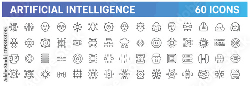 Collection of 60 Artificial Intelligence icons, representing technology, data, and machine learning concepts.