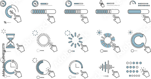 Loading Progress and Time Indicator Icon Set with Hand Interaction, Circular Loaders, Hourglass and Progress Bars for UI UX Interface Design