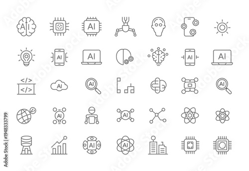 Diverse set of Artificial Intelligence icons, showcasing AI concepts, data, and technological advancements.
