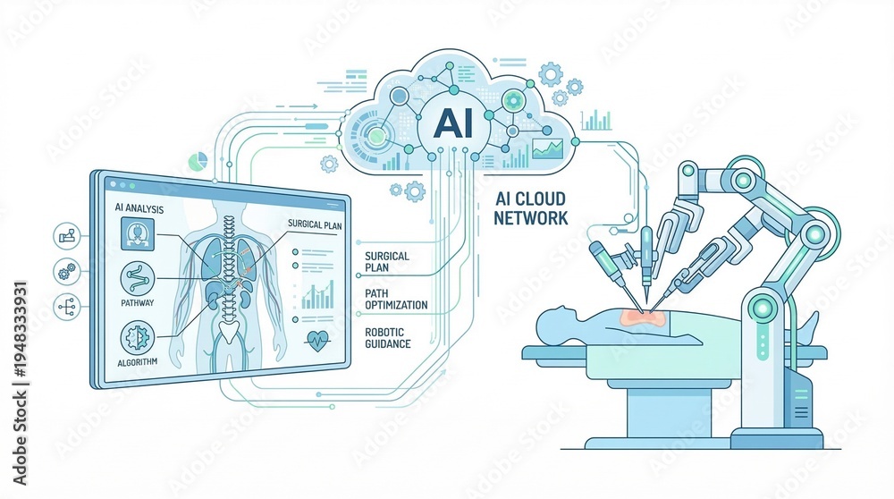 Fototapeta premium AI Cloud Network Robotic Surgery Vector Illustration: Artificial Intelligence Medical Technology for Diagnosis and Operation
