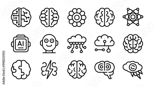 Set of artificial intelligence and brain icons, including circuits, robots, and clouds.