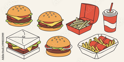a variety of fast food items including burgers and fries Vector