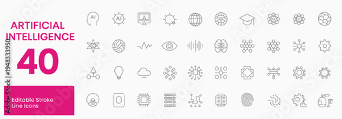 Collection of artificial intelligence icons, including AI, brains, robots, and data.