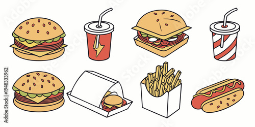 a collection of fast food items including burgers and fries Vector