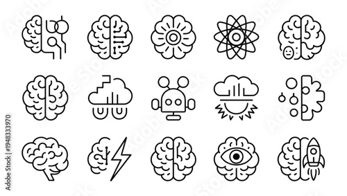 Artificial intelligence and brain icons featuring circuits, robots, clouds, and rockets.