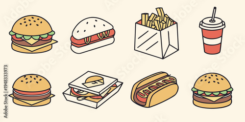 a collection of fast food items on a beige background Vector