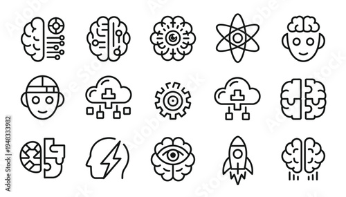 Artificial intelligence icons: brains, robots, rockets, and futuristic technology symbols.