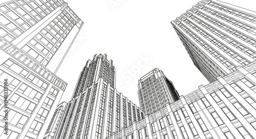Architectural Sketch of Skyscrapers Reaching Towards the Sky.