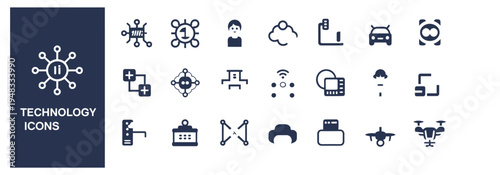 Technology icons collection: AI, drones, cars, computers, and network symbols.