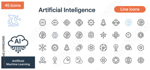 Collection of artificial intelligence and machine learning line icons for digital innovation and technology.