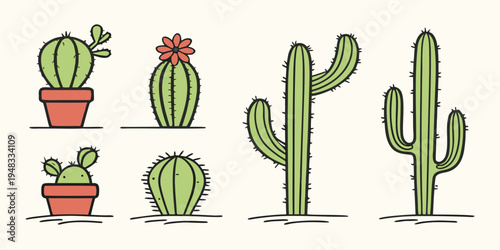 a set of cartoon cacti and succulents Vector