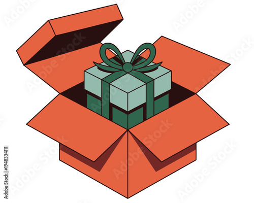 Opening orange gift box revealing a smaller wrapped present with a green ribbon.