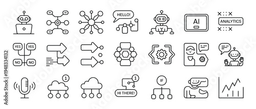 Variety of artificial intelligence and machine learning icons for digital transformation and smart technology.