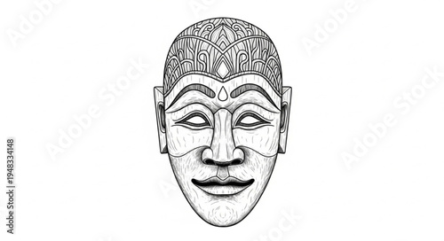 Detailed Line Art Depiction of a Traditional Javanese Mask.