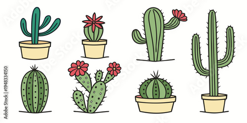 a group of cartoon cacti and succulents in pots Vector