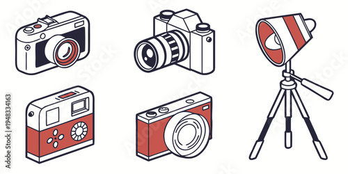 four different types of cameras and a studio flash Vector