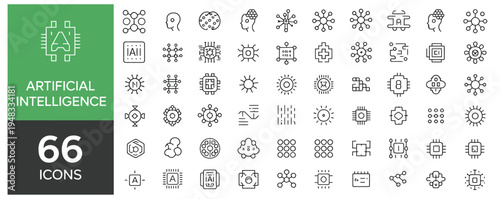 Set of 66 Artificial Intelligence icons representing AI, machine learning, and futuristic technology.