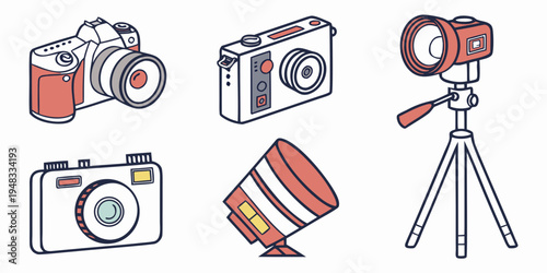 a collection of cameras and photography equipment Vector