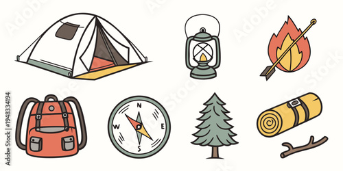 camping icons including tent and compass Vector