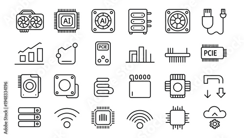 Icons of computer hardware, AI chips, servers, and network connectivity for technology.
