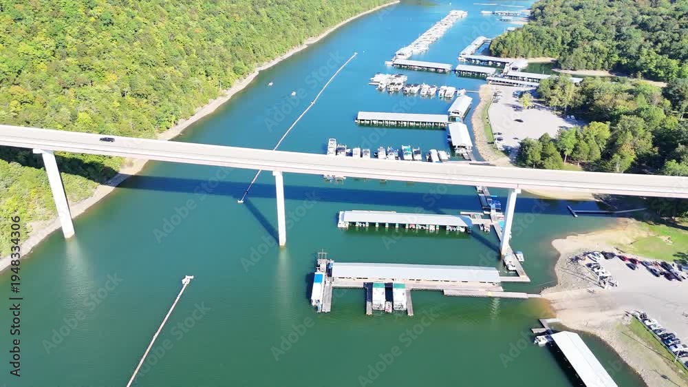 custom made wallpaper toronto digitalAerial View of the Lakeside Sunset Marina Resort on Dale Hollow Lake With Highway 111 Bridge, Boats and Forested Shoreline, Calm Water on a Sunny Day, Monroe, Tennessee, USA.