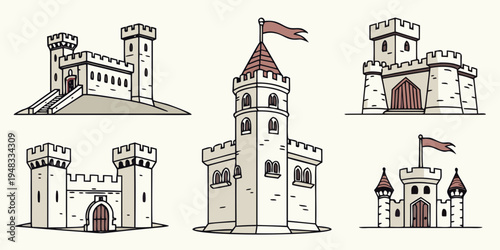 a set of six different castle illustrations Vector