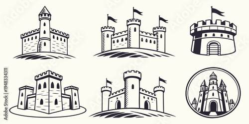 a set of six different castle line drawings Vector