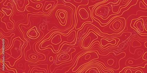 Red terrain contour background, organic flowing lines forming topography shapes with yellow outline pattern.