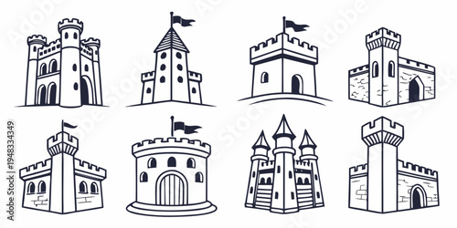 a set of black and white castle line drawings Vector