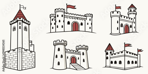 a set of medieval castles with towers and flags Vector