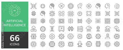 Set of 66 artificial intelligence icons in thin line art style, technology concepts.