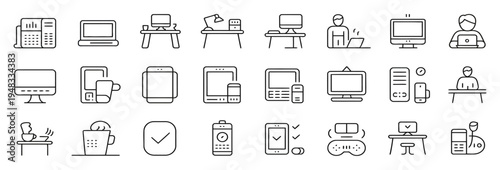 Set of office and home office icons, including computers, phones, and desk accessories.